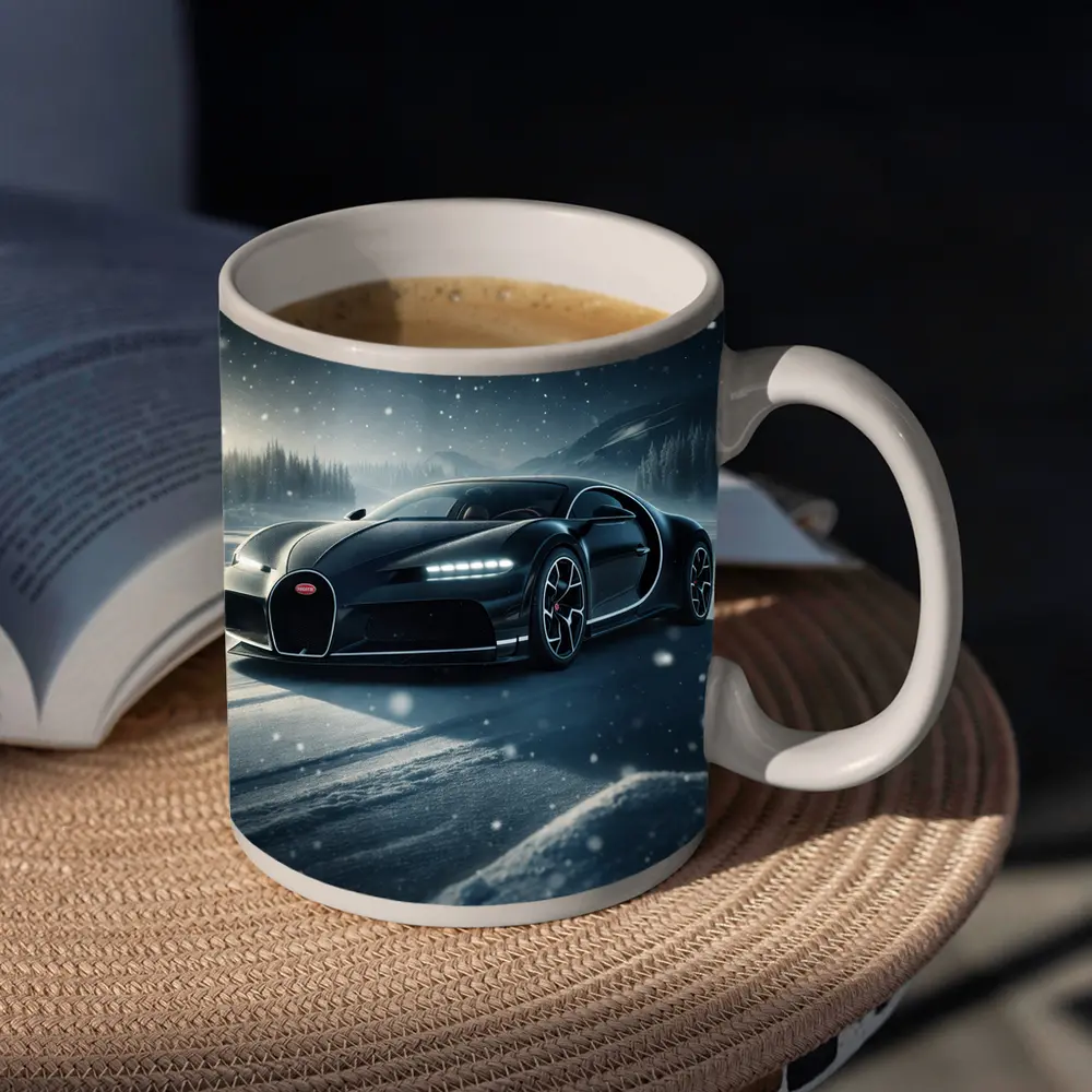 Bugatti Chiron Black Car Snowy Night – Mugs