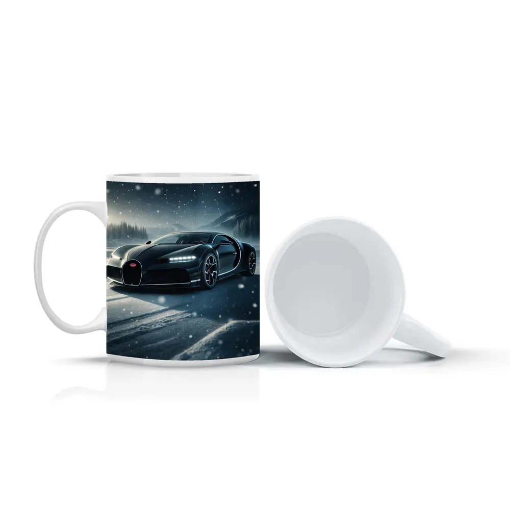 Bugatti Chiron Black Car Snowy Night – Mugs