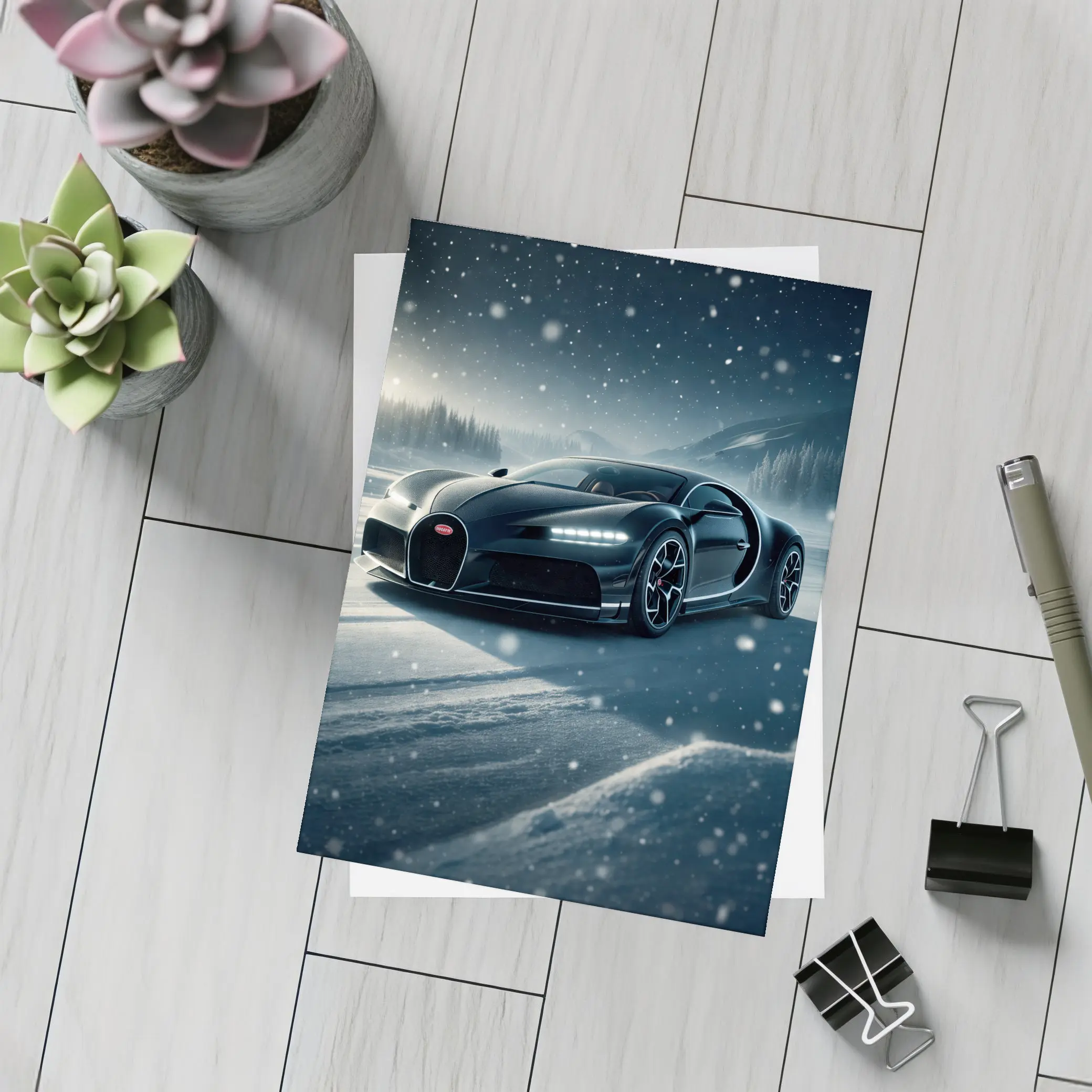 Bugatti Chiron Black Car Snowy Night – Postcards