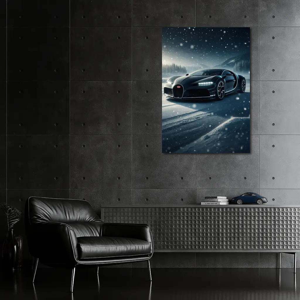 Bugatti Chiron Black Car Snowy Night – Wall Art