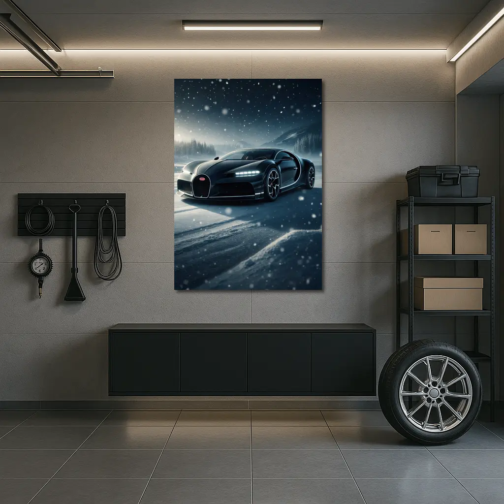 Bugatti Chiron Black Car Snowy Night – Wall Art
