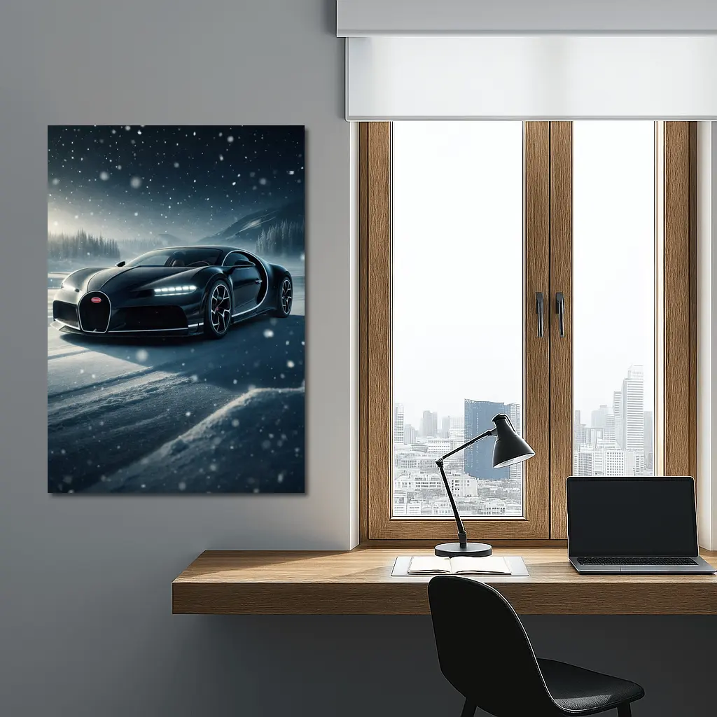 Bugatti Chiron Black Car Snowy Night – Wall Art