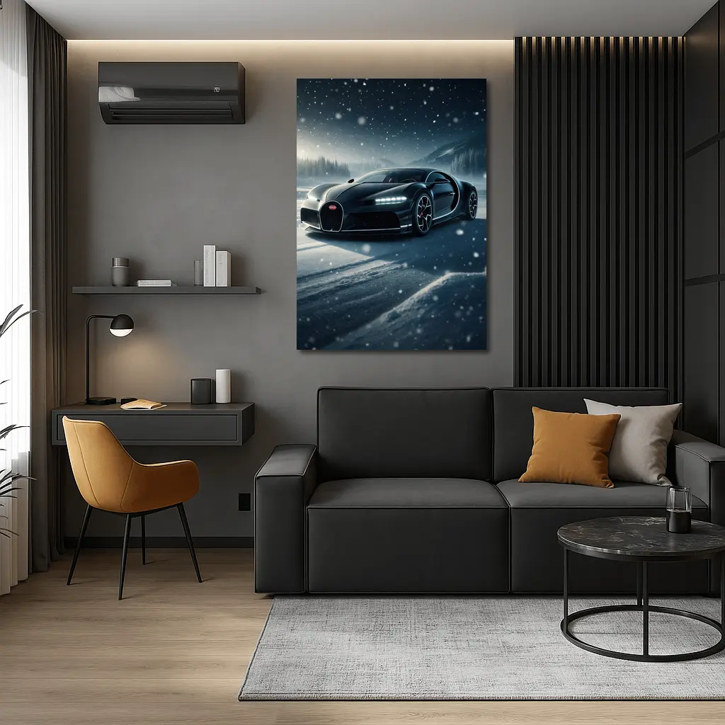 Bugatti Chiron Black Car Snowy Night – Wall Art