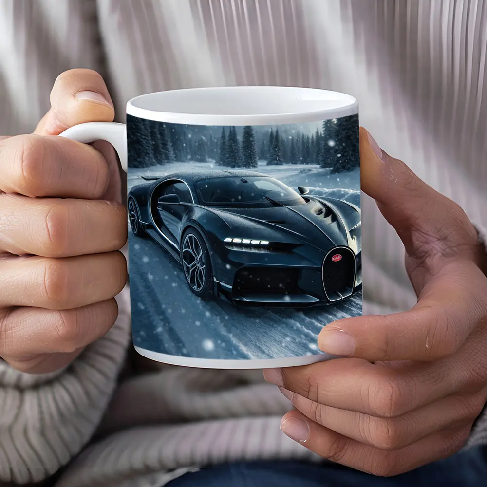 Bugatti Chiron Dark Blue Snowy Mountain Road – Mugs
