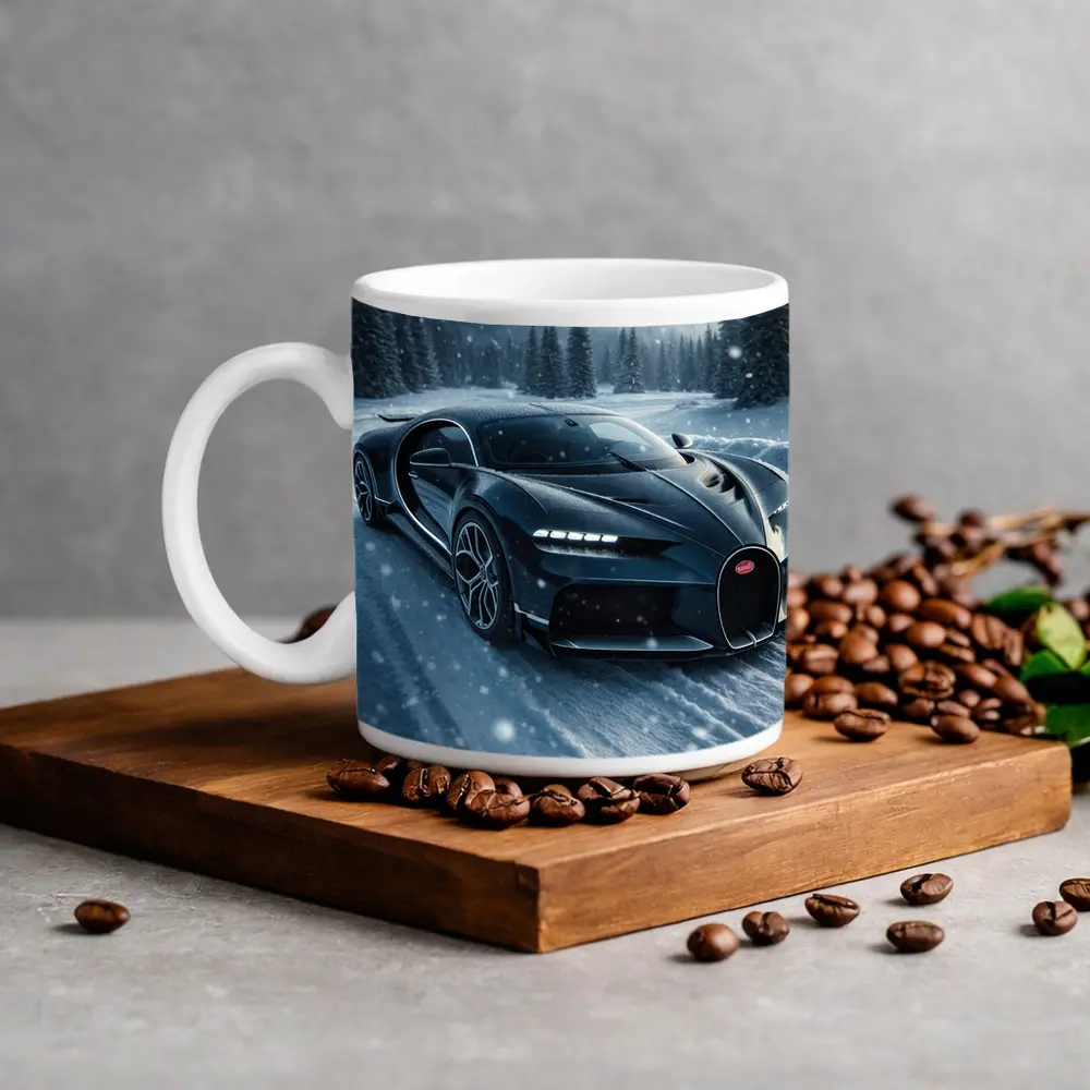 Bugatti Chiron Dark Blue Snowy Mountain Road – Mugs