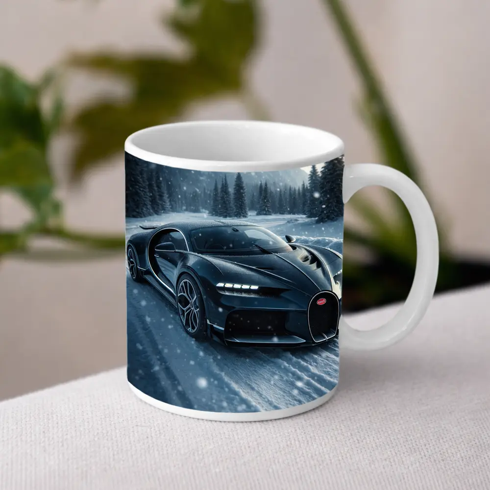 Bugatti Chiron Dark Blue Snowy Mountain Road – Mugs