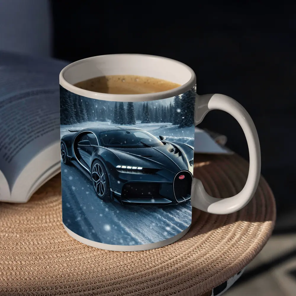 Bugatti Chiron Dark Blue Snowy Mountain Road – Mugs