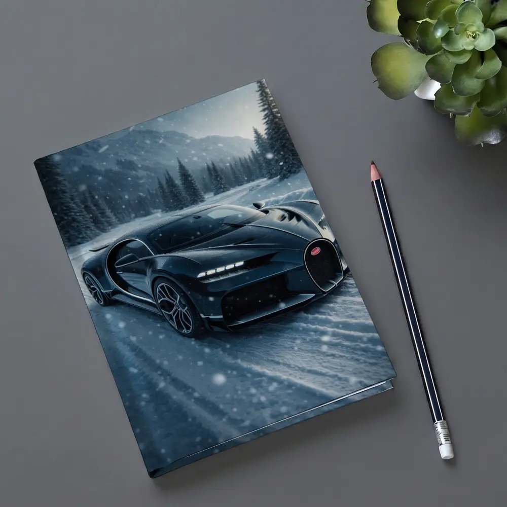 Bugatti Chiron Dark Blue Snowy Mountain Road – Notebooks