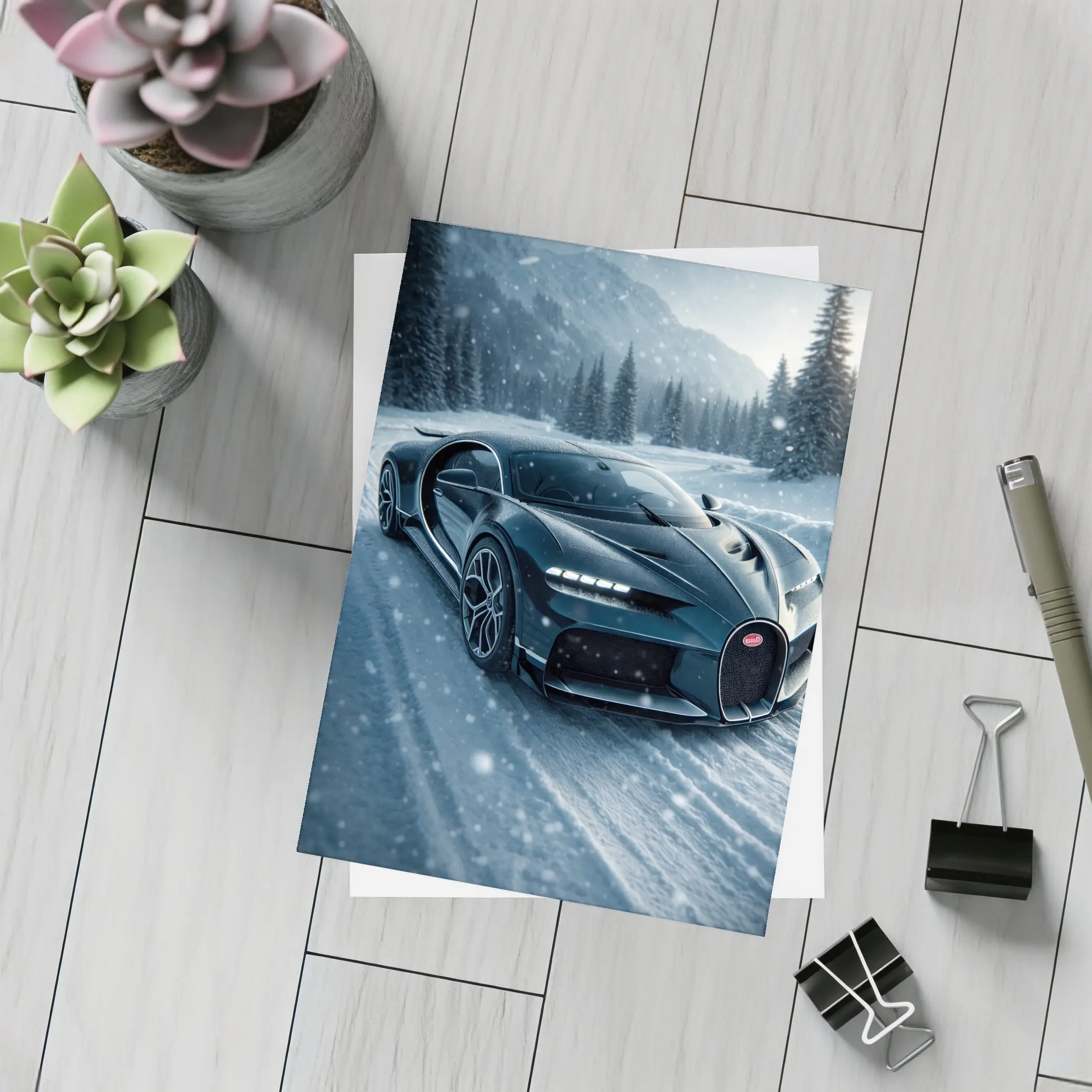 Bugatti Chiron Dark Blue Snowy Mountain Road – Postcards