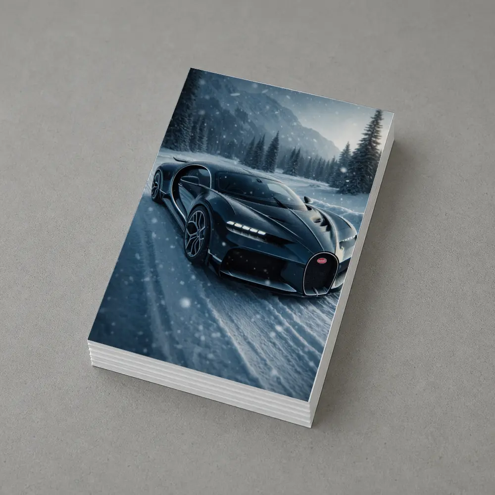 Bugatti Chiron Dark Blue Snowy Mountain Road – Postcards