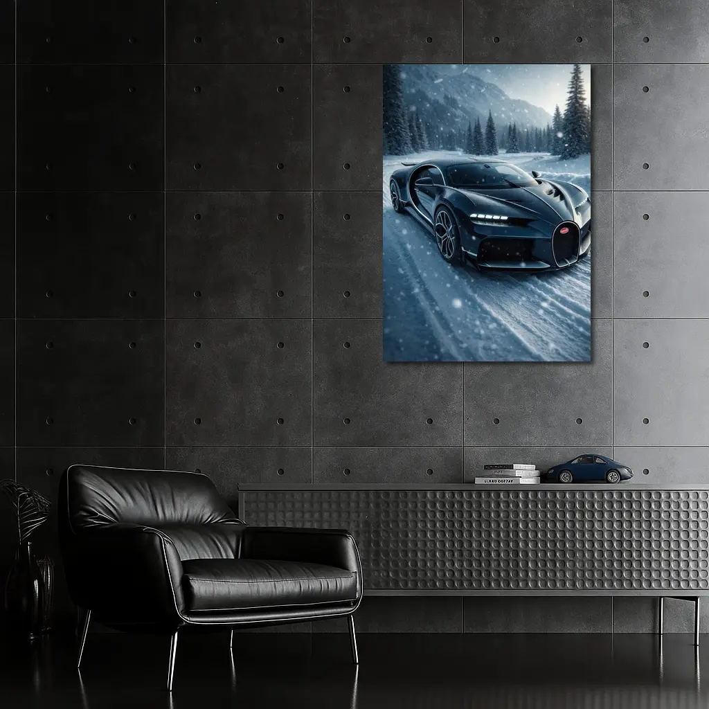 Bugatti Chiron Dark Blue Snowy Mountain Road – Wall Art