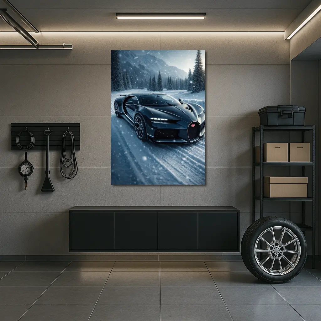 Bugatti Chiron Dark Blue Snowy Mountain Road – Wall Art
