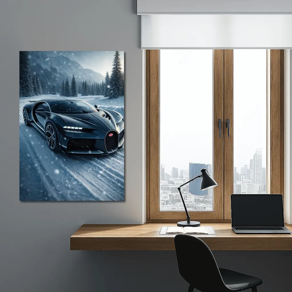 Bugatti Chiron Dark Blue Snowy Mountain Road – Wall Art