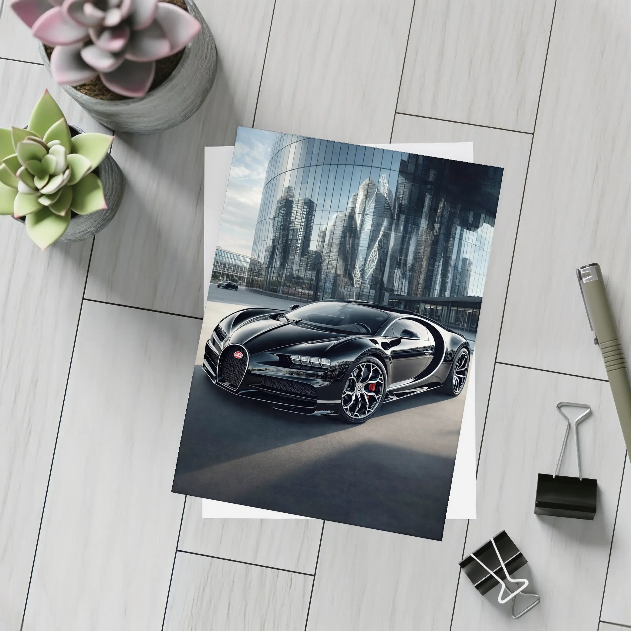 Bugatti Chiron Black City Glass Buildings – Postcards