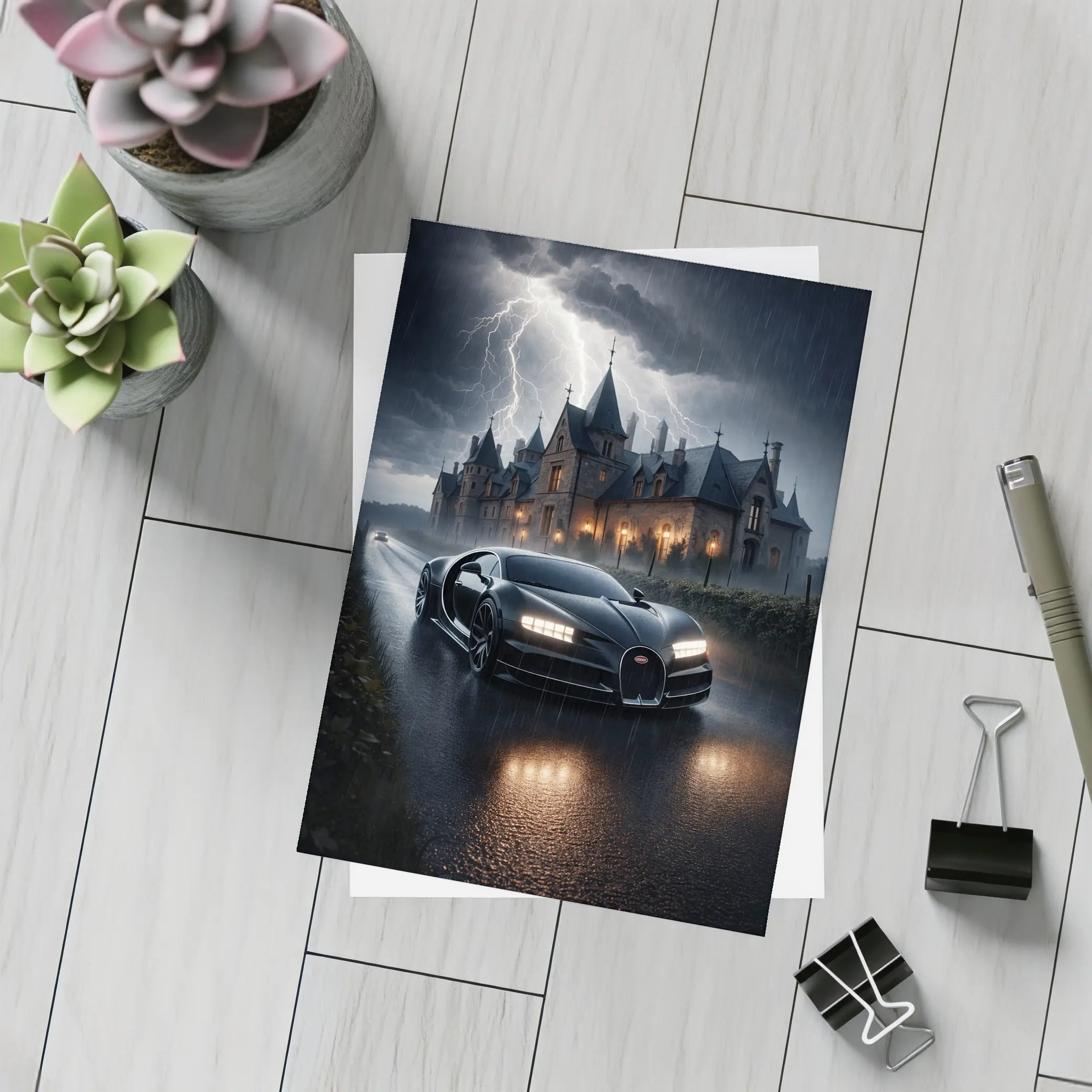 Bugatti Chiron Storm Dark Mansion Night – Postcards