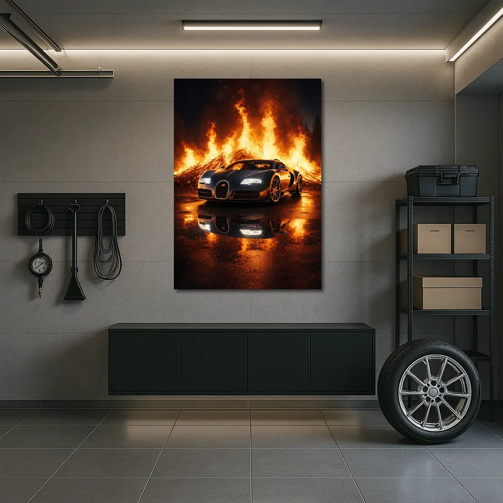Bugatti Veyron Engulfed in Dramatic Fire – Wall Art