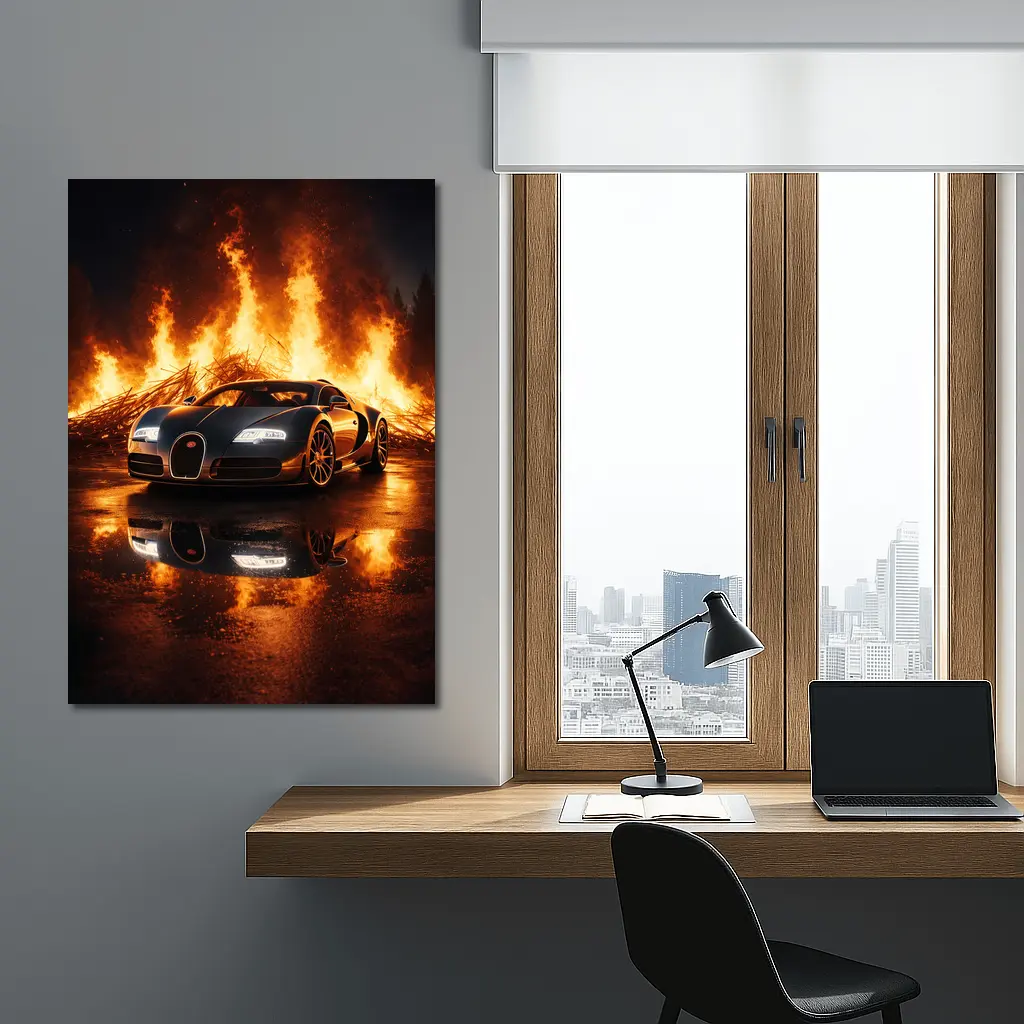 Bugatti Veyron Engulfed in Dramatic Fire – Wall Art