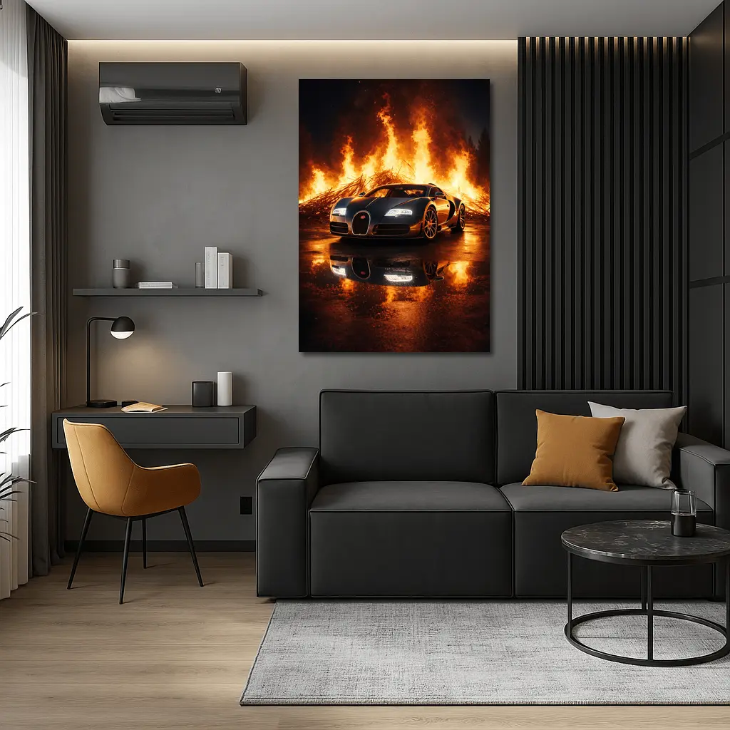 Bugatti Veyron Engulfed in Dramatic Fire – Wall Art