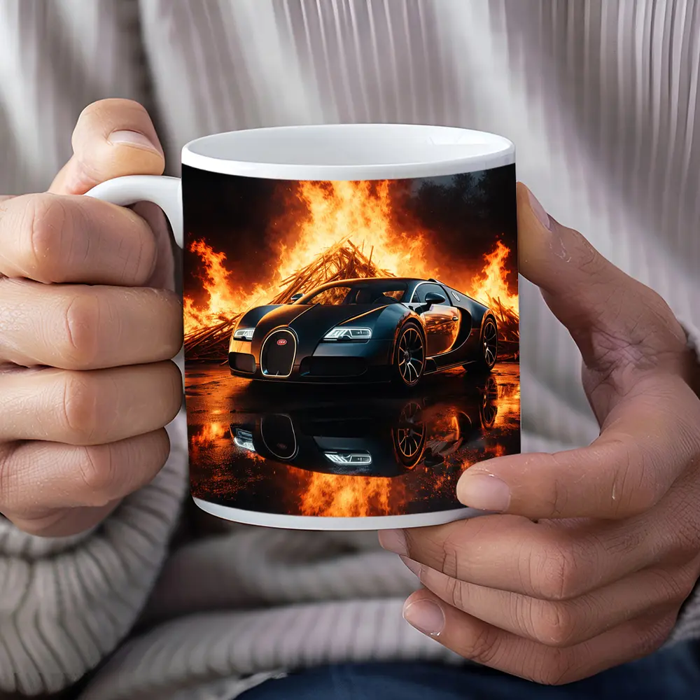 Bugatti Veyron Black Car Massive Fire Background – Mugs