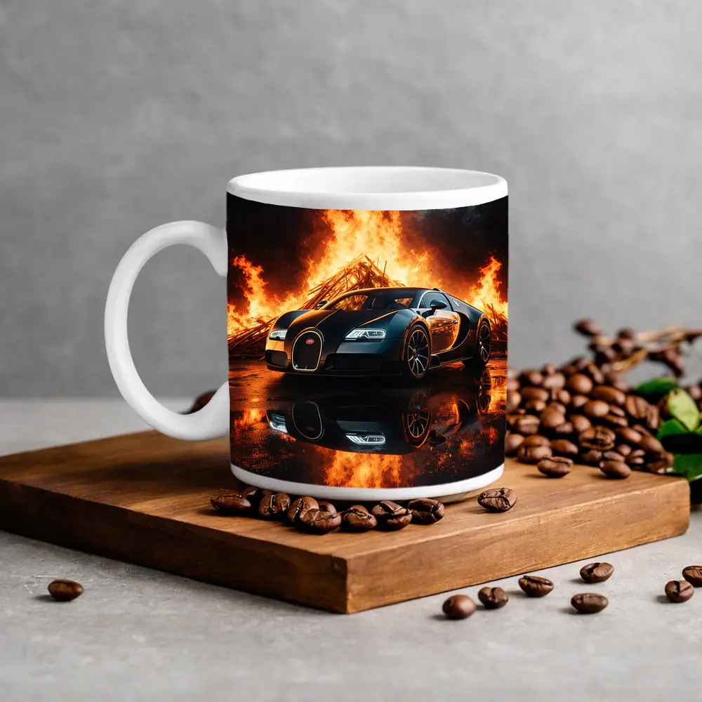 Bugatti Veyron Black Car Massive Fire Background – Mugs