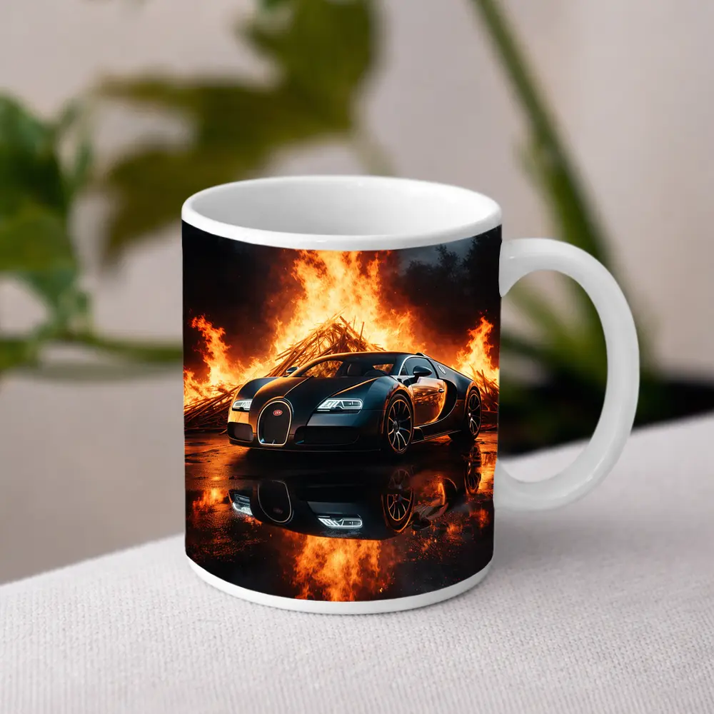 Bugatti Veyron Black Car Massive Fire Background – Mugs