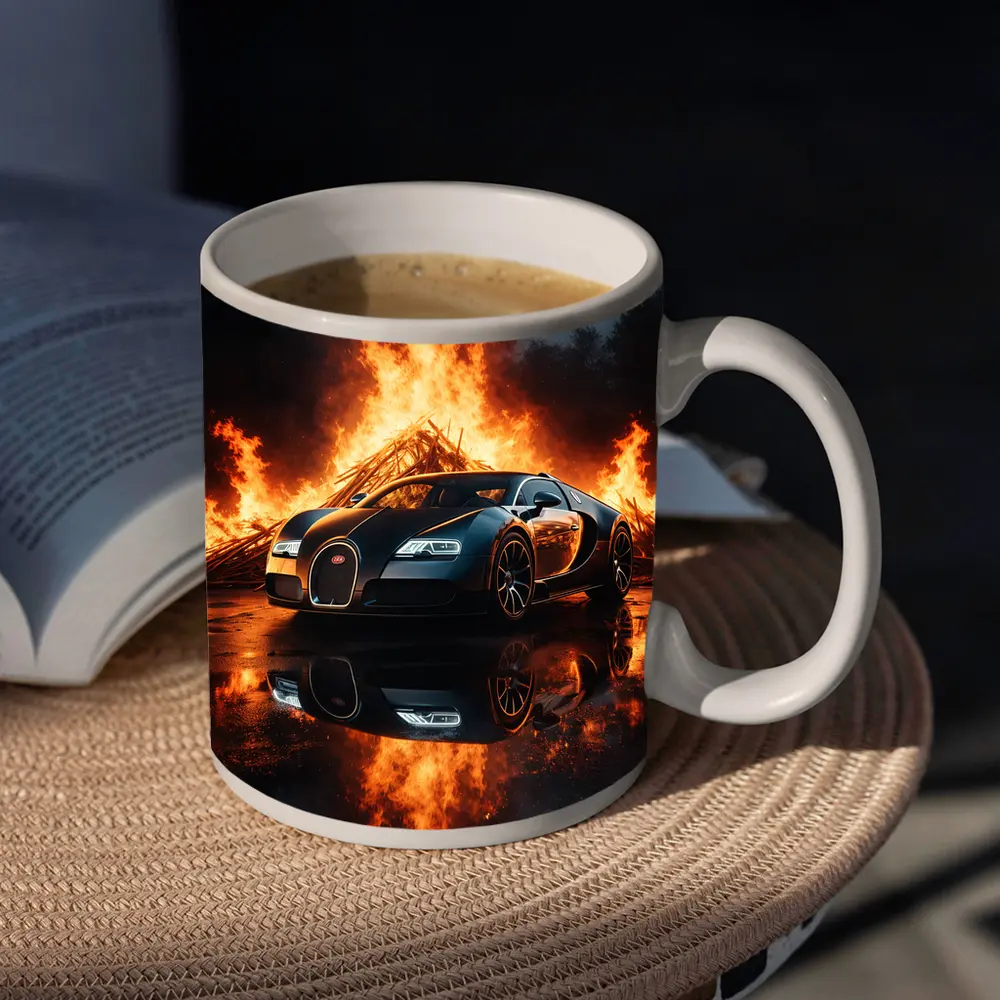 Bugatti Veyron Black Car Massive Fire Background – Mugs