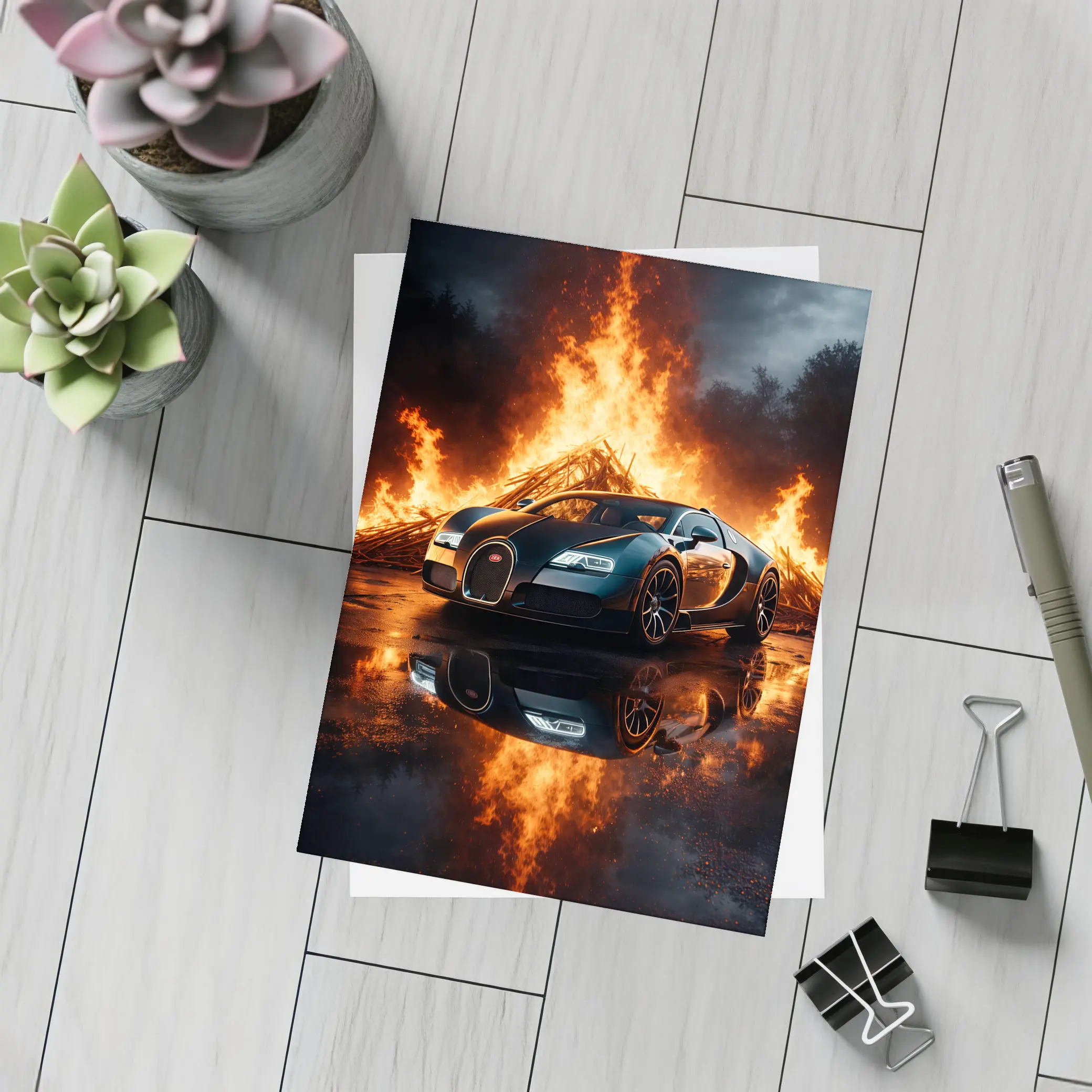 Bugatti Veyron Black Car Massive Fire Background – Postcards