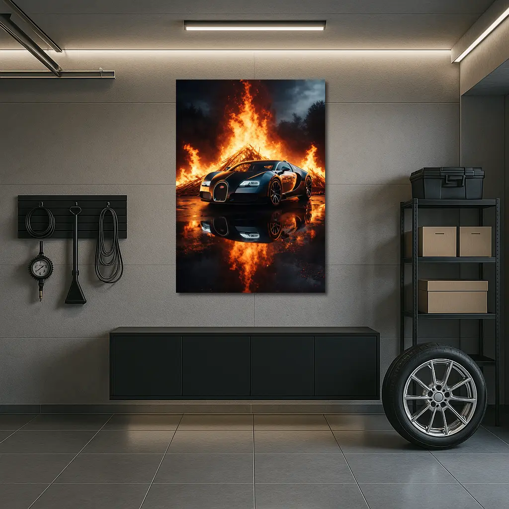 Bugatti Veyron Black Car Massive Fire Background – Wall Art