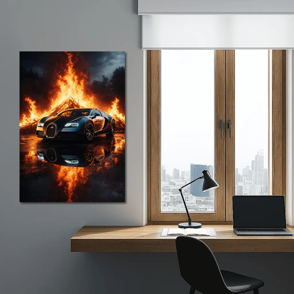 Bugatti Veyron Black Car Massive Fire Background – Wall Art