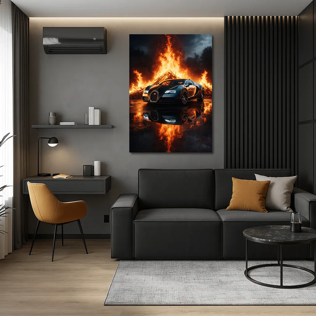 Bugatti Veyron Black Car Massive Fire Background – Wall Art