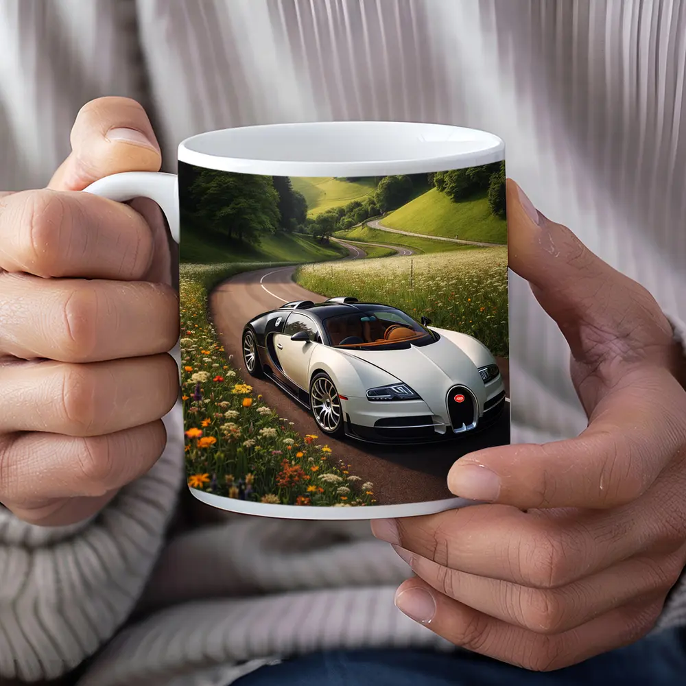 Bugatti Veyron White Supercar Winding Country Road – Mugs