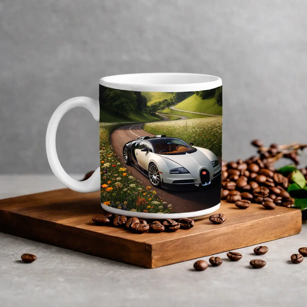 Bugatti Veyron White Supercar Winding Country Road – Mugs