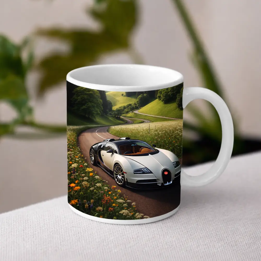 Bugatti Veyron White Supercar Winding Country Road – Mugs