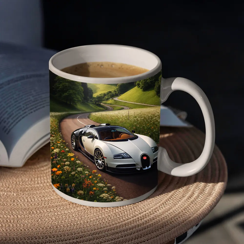 Bugatti Veyron White Supercar Winding Country Road – Mugs
