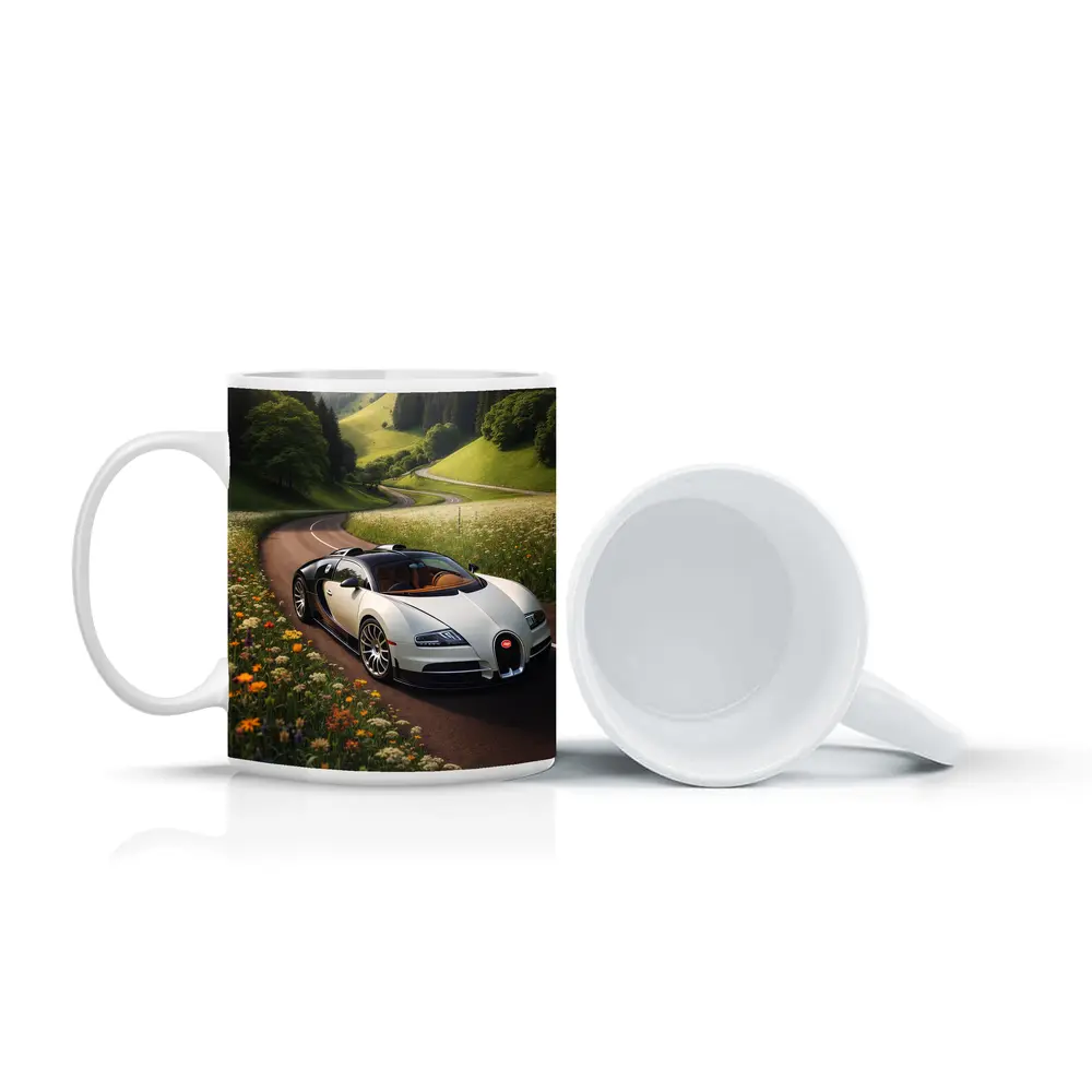 Bugatti Veyron White Supercar Winding Country Road – Mugs