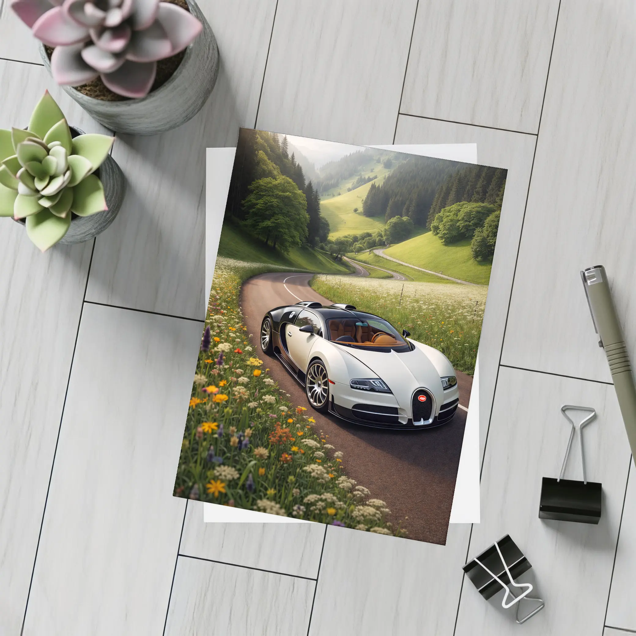Bugatti Veyron White Supercar Winding Country Road – Postcards