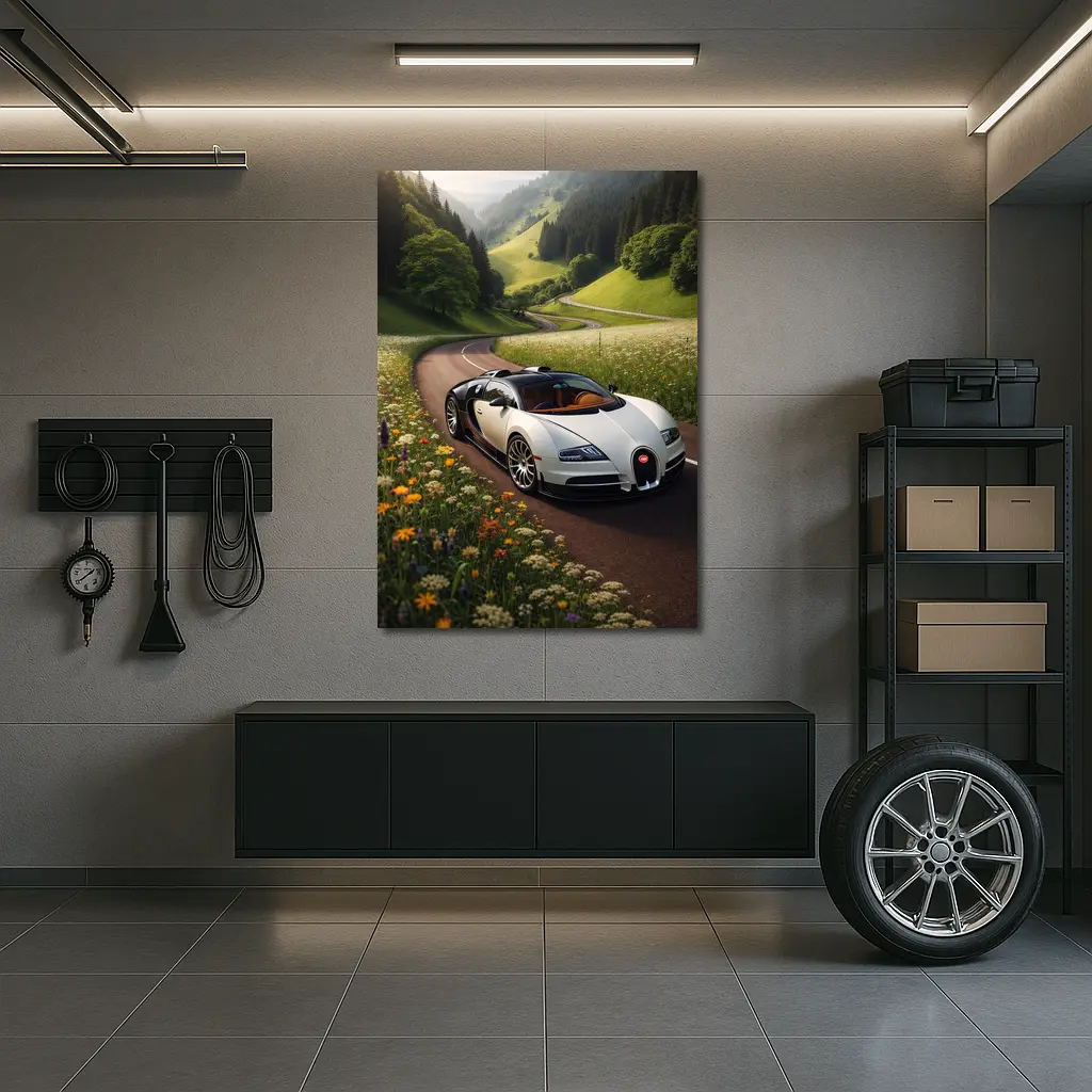 Bugatti Veyron White Supercar Winding Country Road – Wall Art