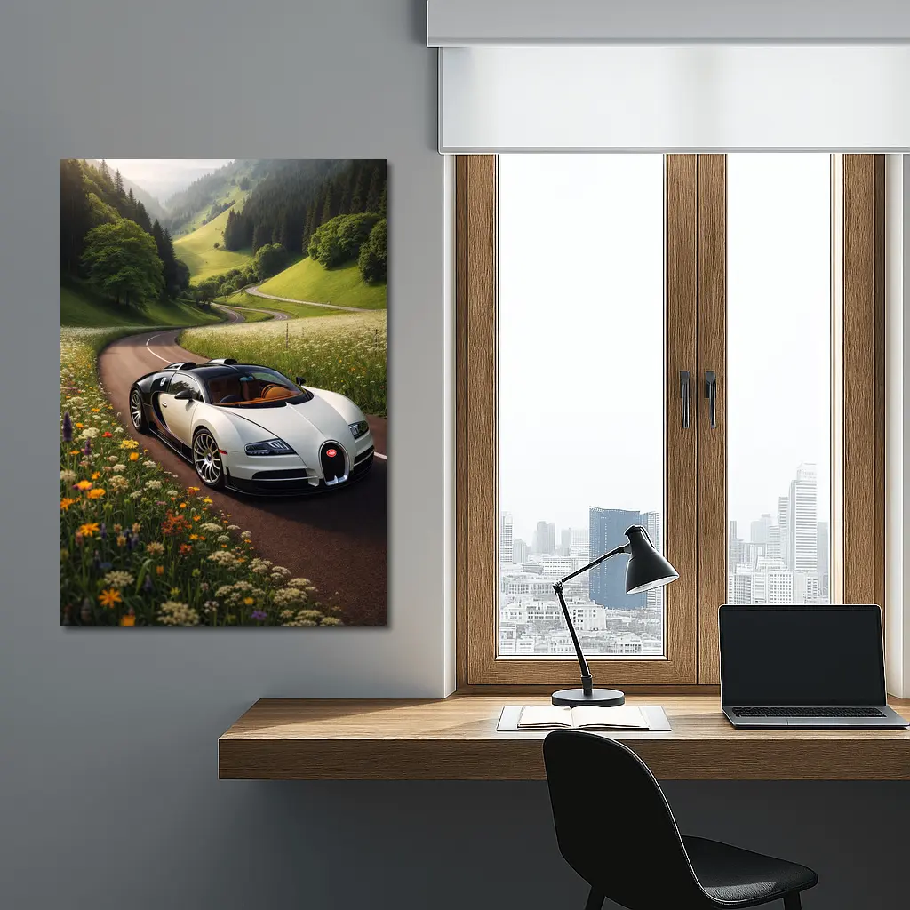 Bugatti Veyron White Supercar Winding Country Road – Wall Art