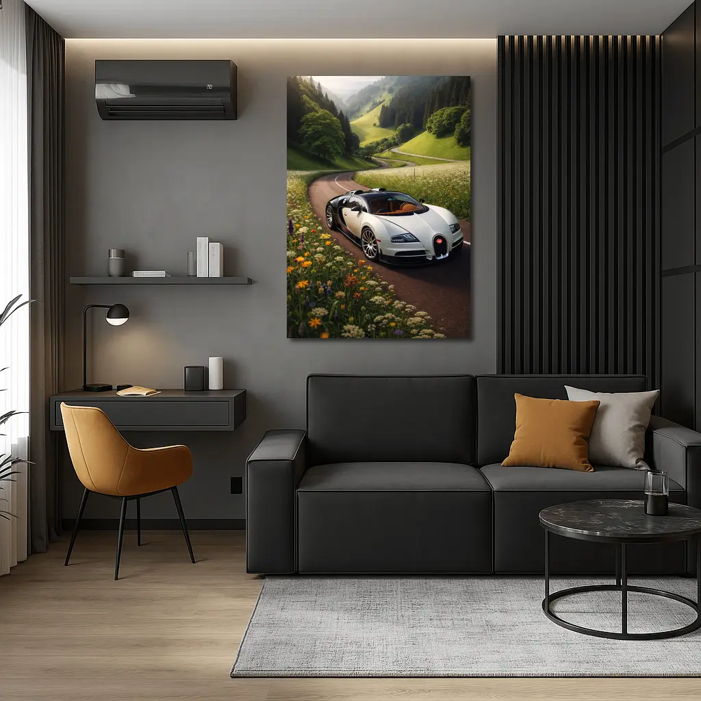 Bugatti Veyron White Supercar Winding Country Road – Wall Art