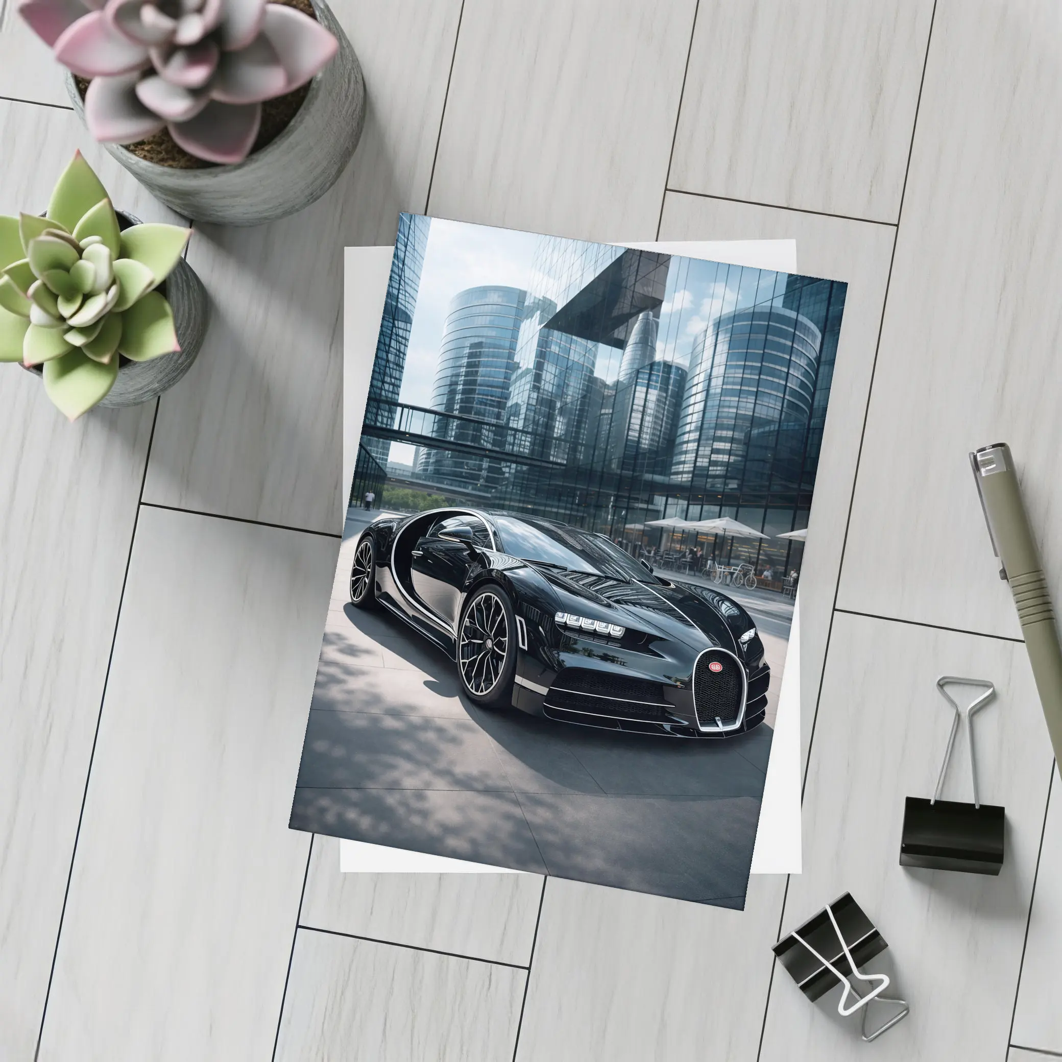 Bugatti Chiron Black Supercar City Buildings – Postcards
