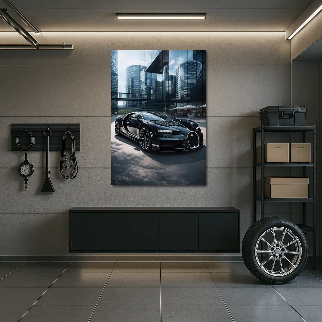 Bugatti Chiron Black Supercar City Buildings – Wall Art