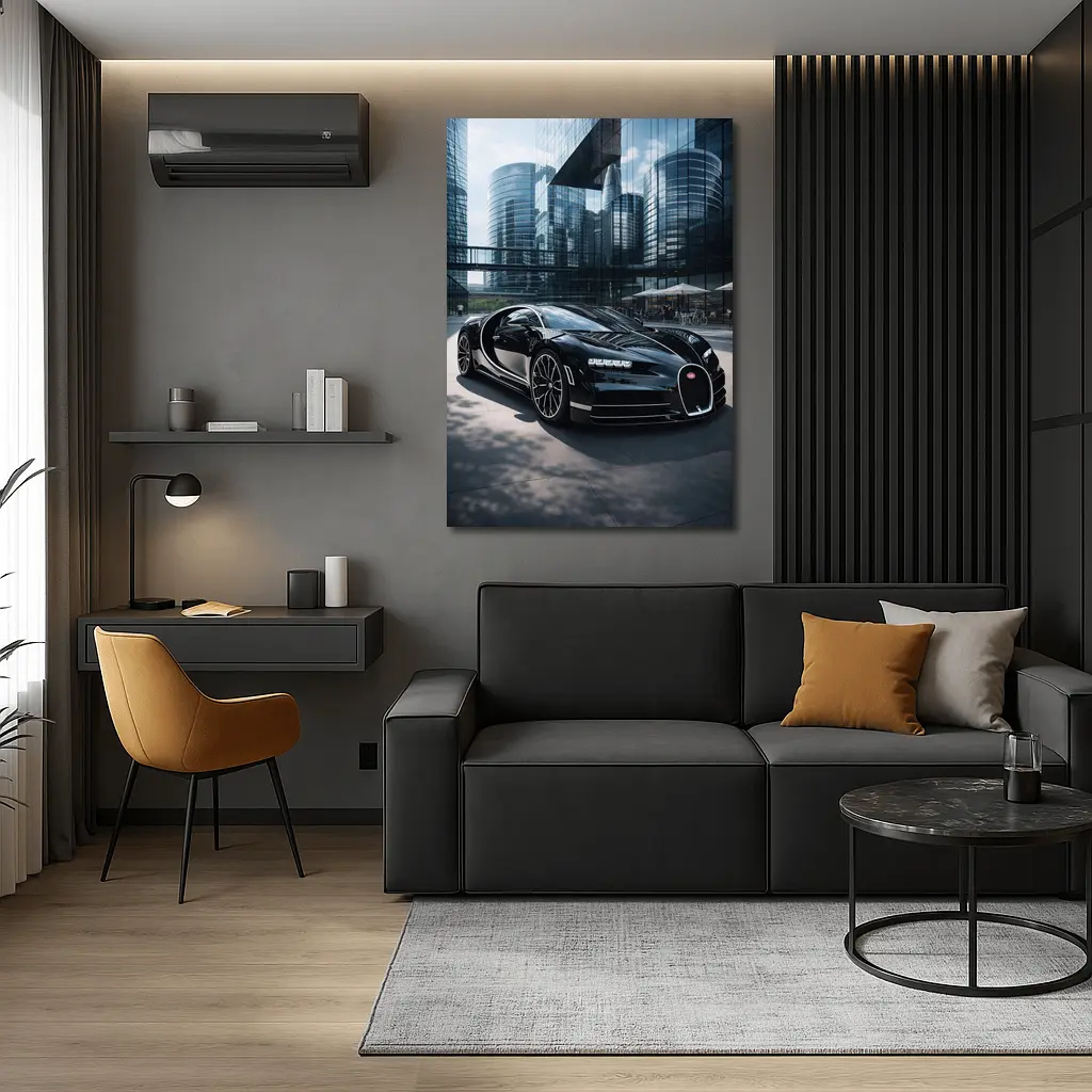Bugatti Chiron Black Supercar City Buildings – Wall Art