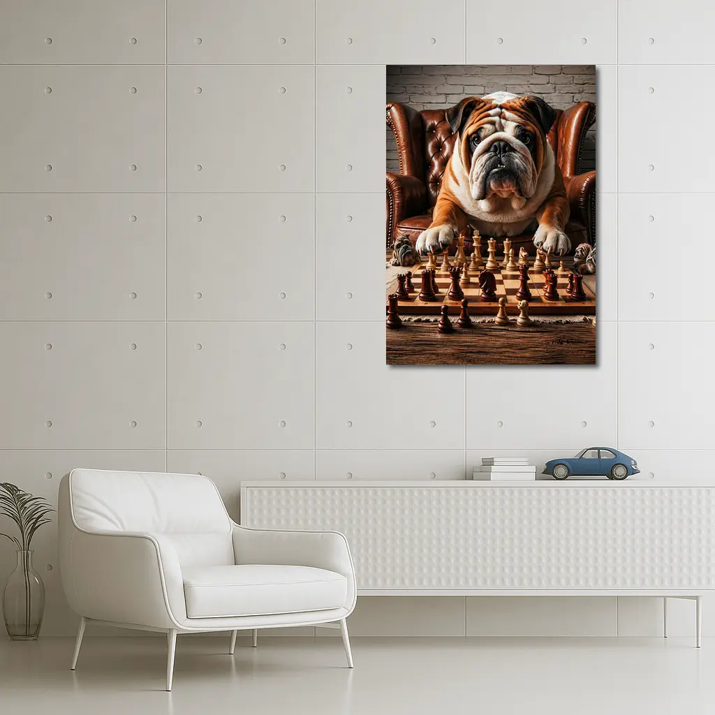 Bulldog Playing Chess Brown Leather Armchair – Wall Art