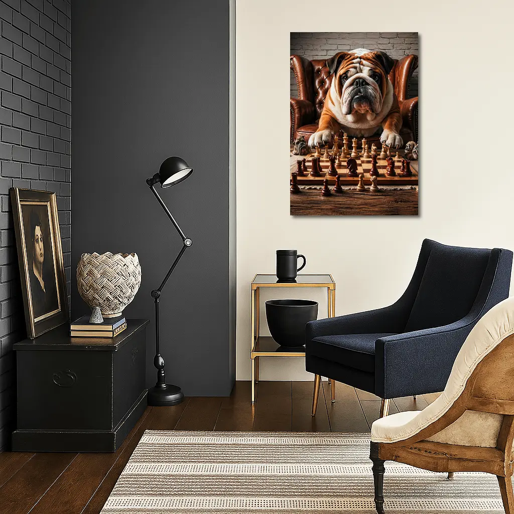 Bulldog Playing Chess Brown Leather Armchair – Wall Art