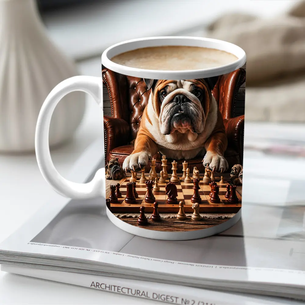 Bulldog Playing Chess Brown Leather Armchair – Mugs