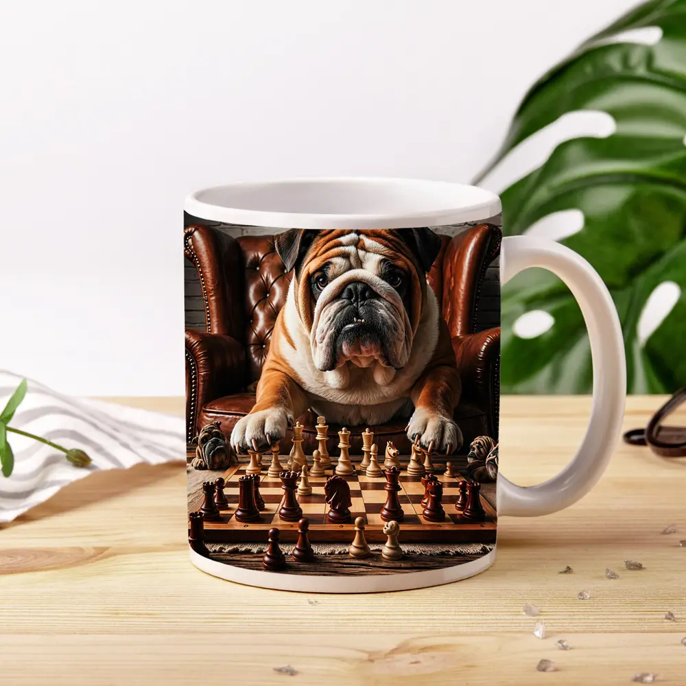 Bulldog Playing Chess Brown Leather Armchair – Mugs