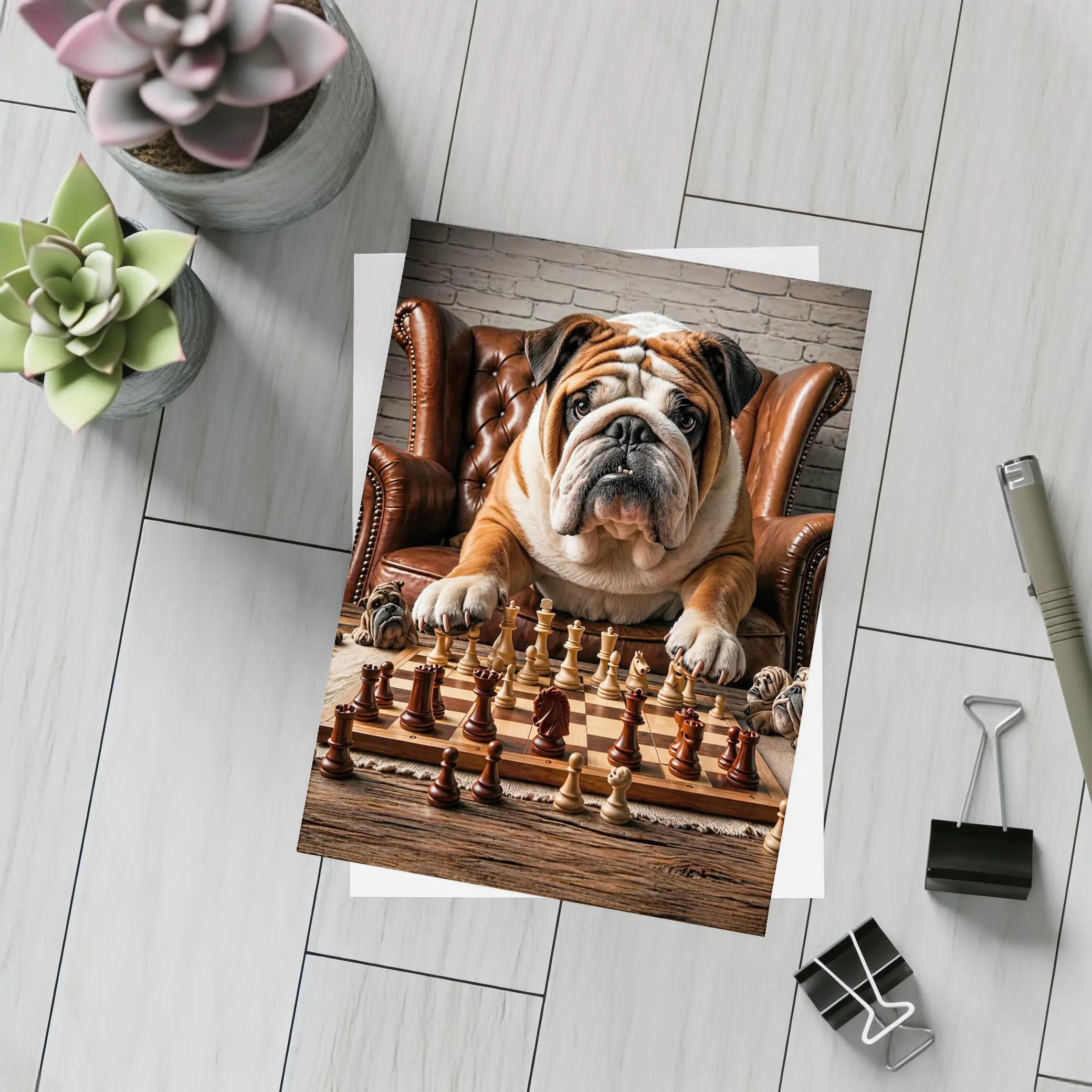 Bulldog Playing Chess Brown Leather Armchair – Postcards