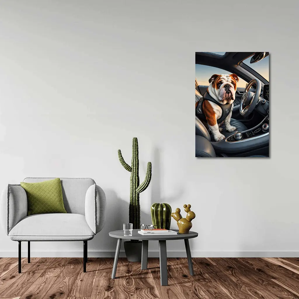 English Bulldog Sitting Inside Luxury Car – Wall Art