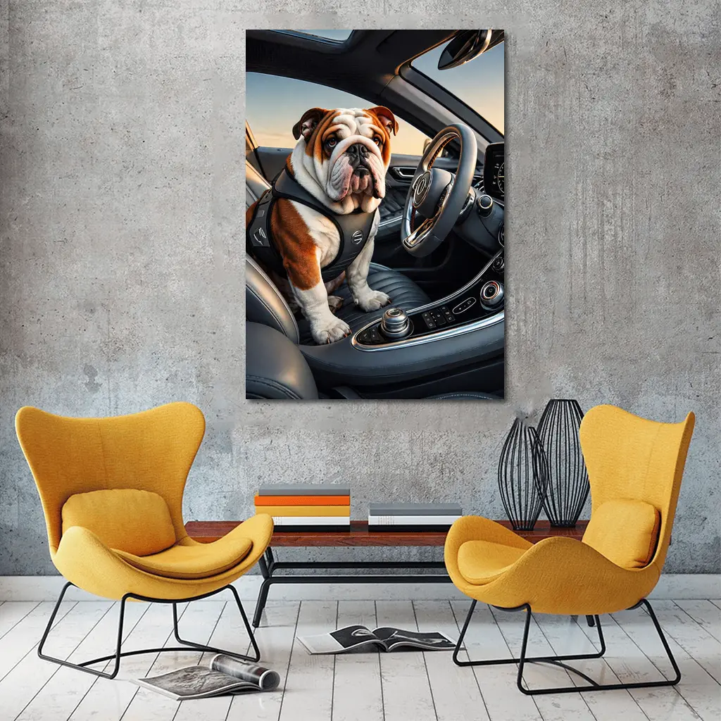 English Bulldog Sitting Inside Luxury Car – Wall Art