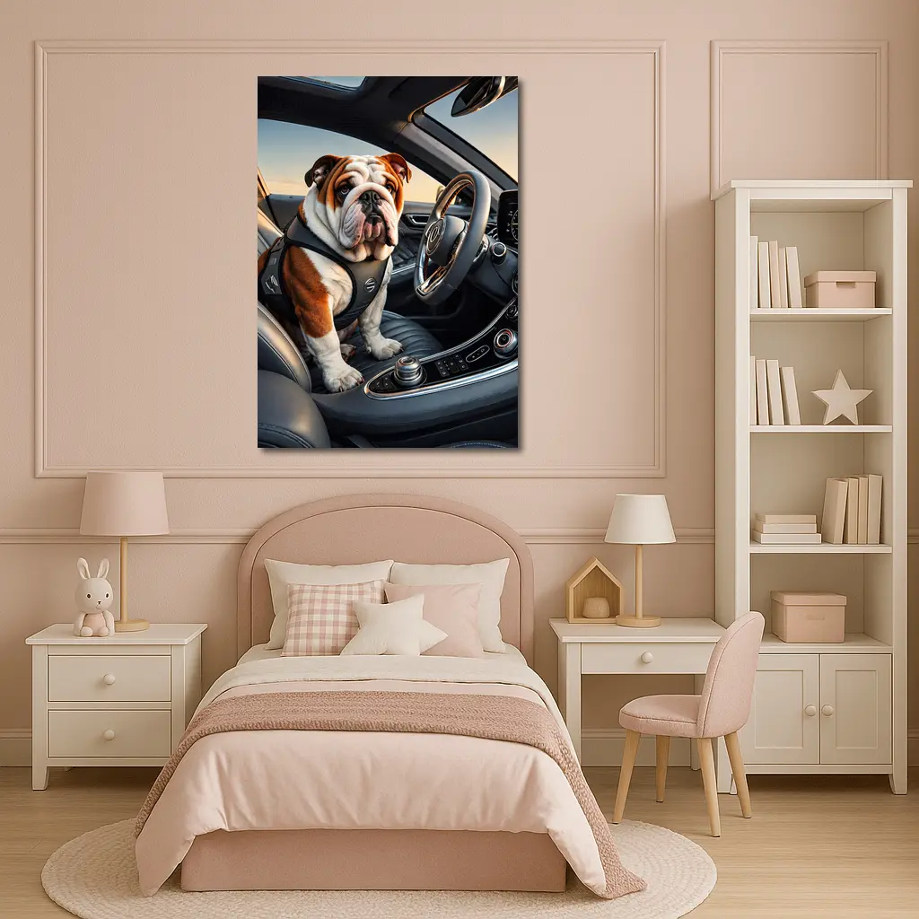 English Bulldog Sitting Inside Luxury Car – Wall Art